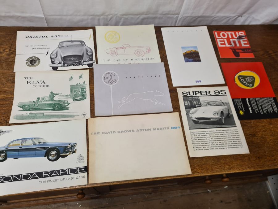 Original Aston Martin, AC, TVR, Lotus, Elva & Bristol dealership brochures