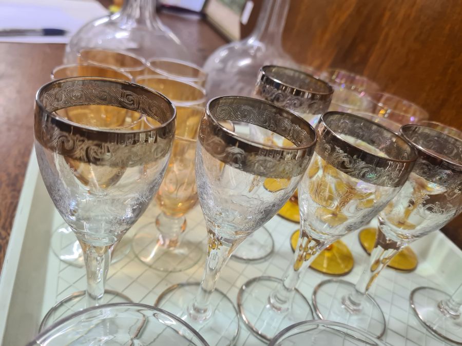 A pair of globular decanters etched with ferns, sets of coloured drinking glasses and Victorian - Image 3 of 3