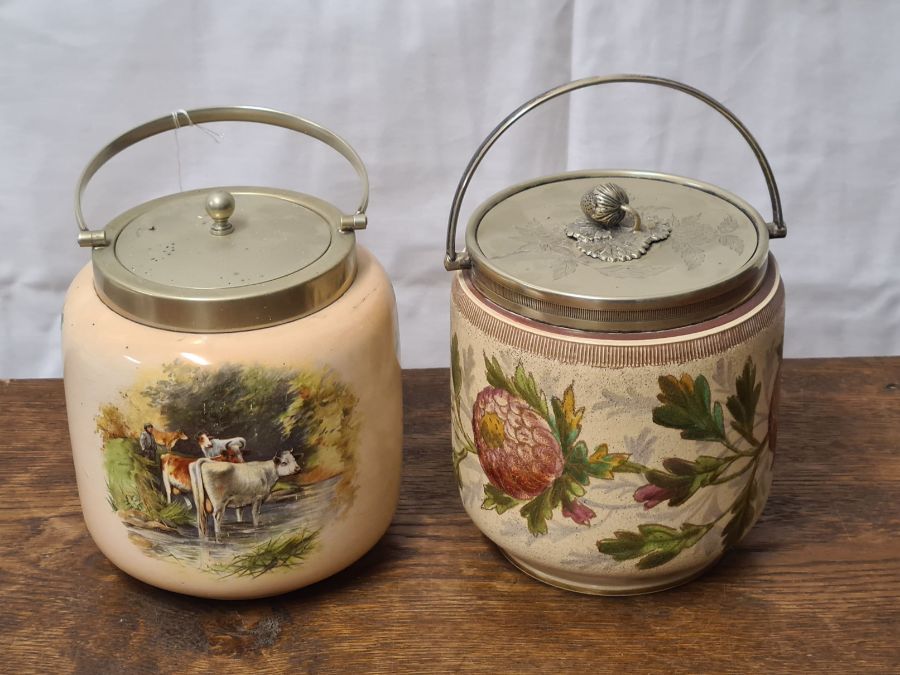 Edwardian glazed pottery biscuit barrel with floral decoration