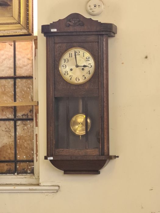 1930's oak chiming wall clock with pendulum window. - Image 2 of 2