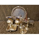 Brass jugs, chamber sticks, copper horn, trivet, tray 4.5kg