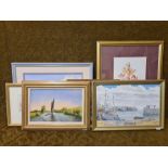 Various gilt framed watercolours, prints and oil on boards
