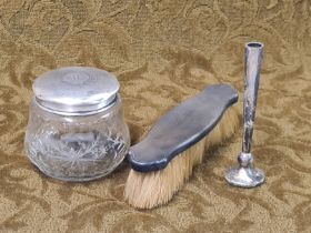 Silver back brush, powder bowl and small specimen vase