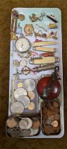 Tray lot of pre decimal coinage, whistles, pen knives