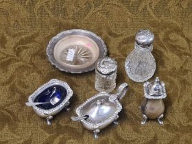 Small items of silver, cruet set, Walker & Hall butter dish, etc