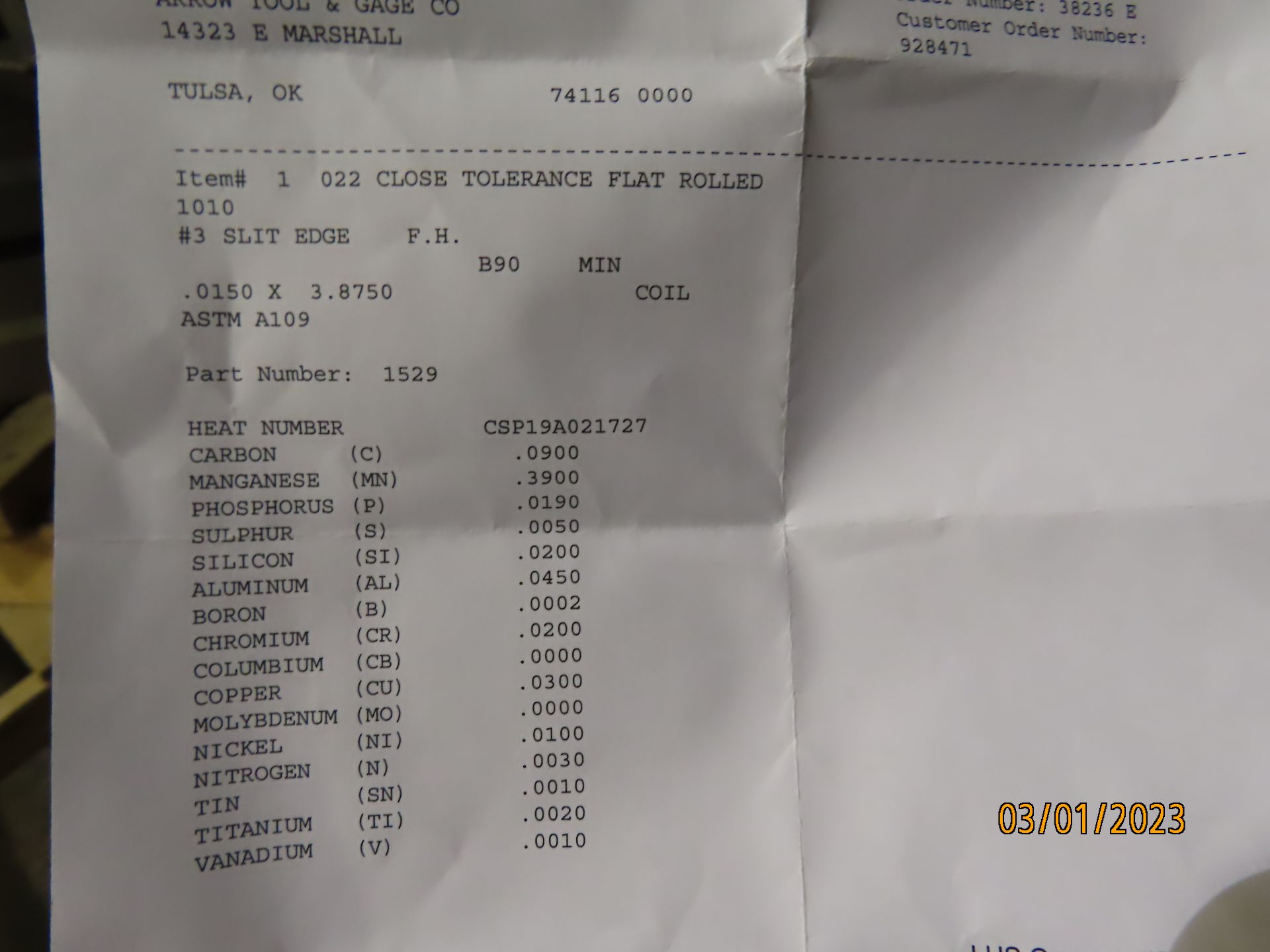 LOT (1) 3-7/8" X .0150 ASTM A109 COIL; (1) 1-1/2" X .090 PARTIAL COIL - Image 3 of 5