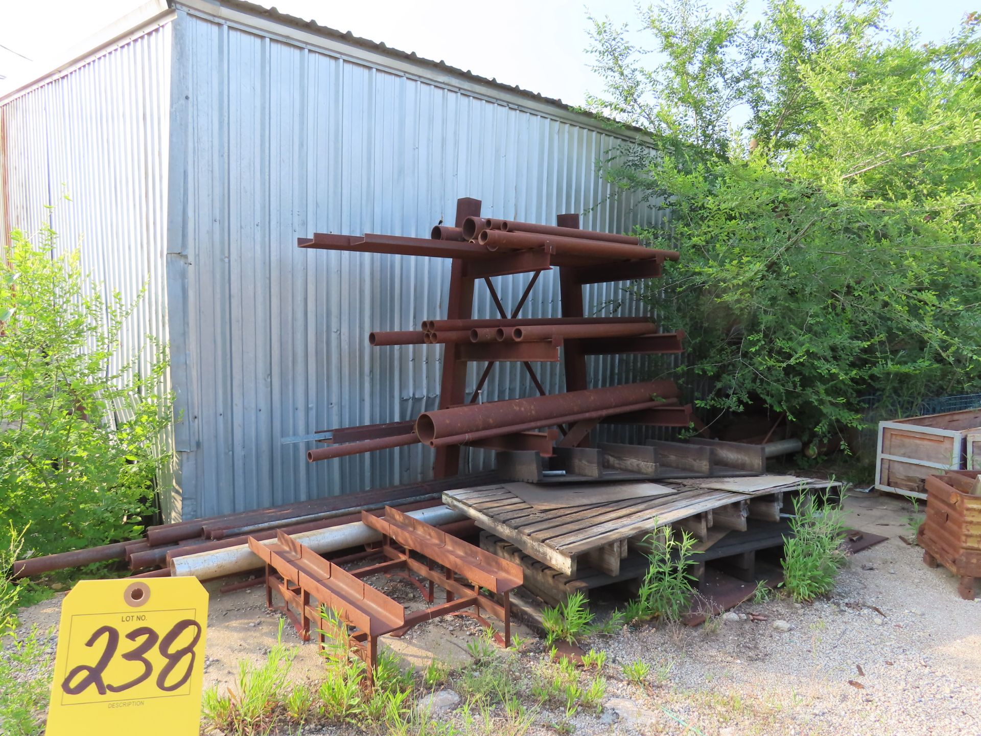 LOT (3) CUSTOM BUILT SINGLE SIDE CANTILEVER BAR RACKS W/CONTENTS - PIPE, CHANNEL, TUBING, ROUND BARS