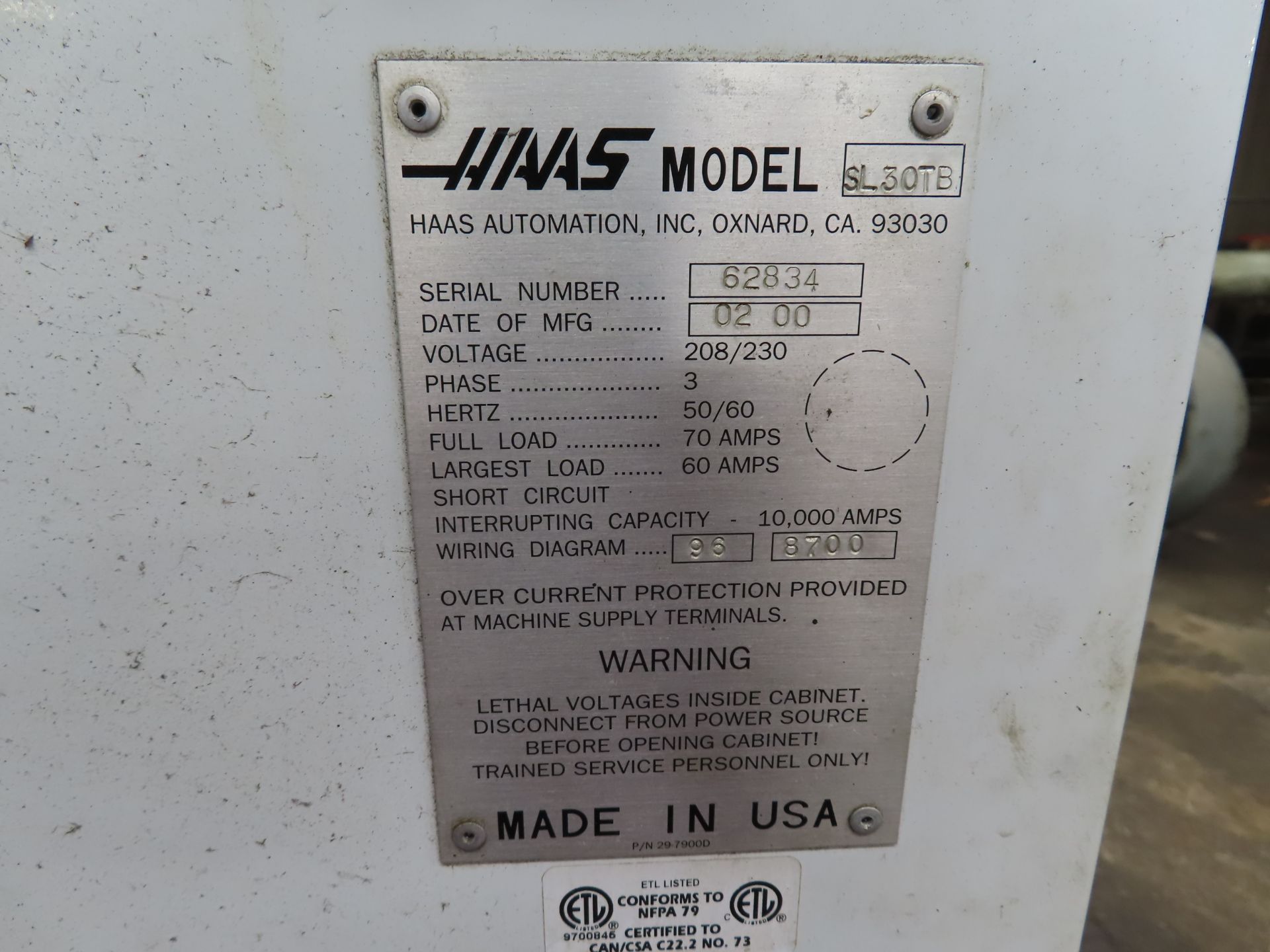 2000 HAAS CNC TURNING CENTER, M# SL30TB, S/N 62834, 15" 3-JAW CHUCK, 12-STATION TURRET, TOOL PRESSET - Image 7 of 7