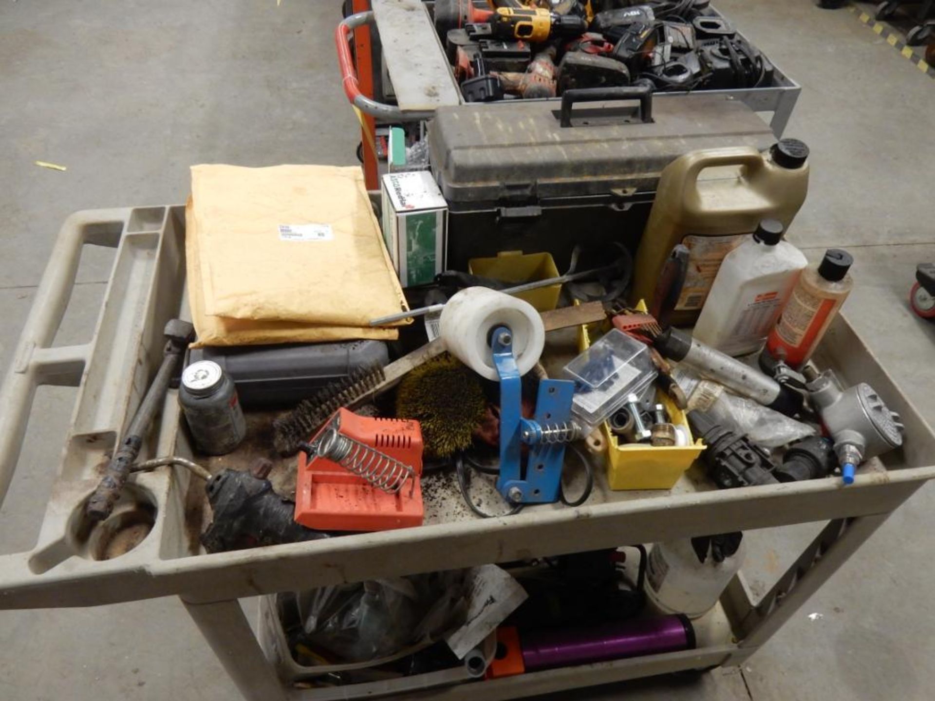 LOT (2) SHOP CARTS W/MISC. ITEMS - CORDLESS TOOLS & CHARGERS, PUMP, ETC. - Image 3 of 4