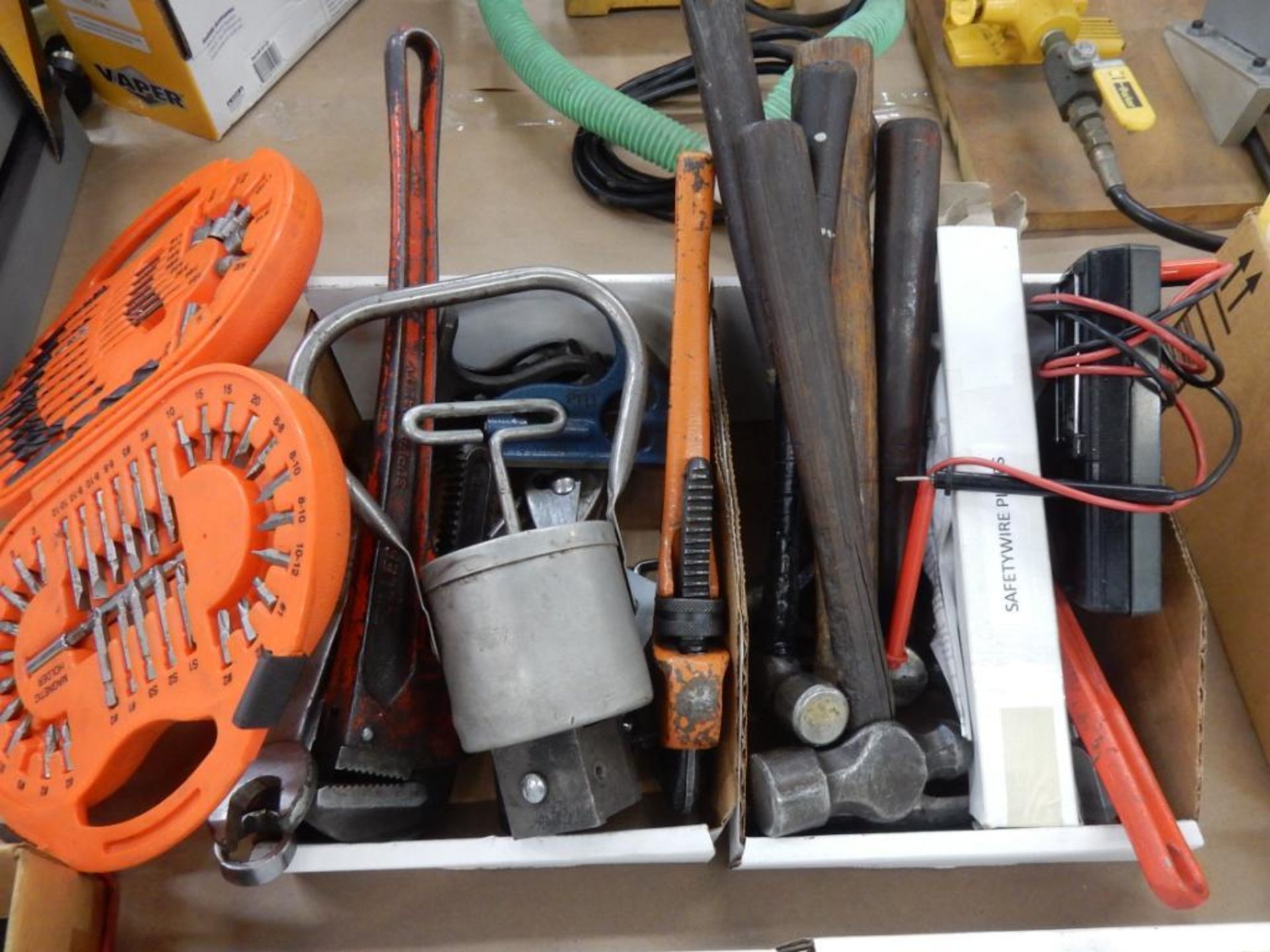 LOT MISC. HAND TOOLS W/PLYERS, SCREWDRIVERS, PIPE WRENCHES, BIT DRIVER SET, HAMMERS, METER, ETC. - Image 3 of 3