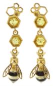 Pair of silver-gilt Baltic amber honey bee pendant earrings