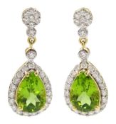 Pair of 18ct gold pear shaped peridot and round brilliant cut diamond cluster stud earrings