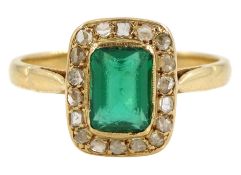 Gold rectangular green stone and rose cut diamond cluster ring