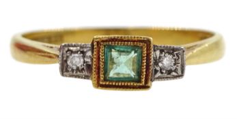 Early 20th century gold three stone milgrain set princess cut emerald and illusion set diamond ring