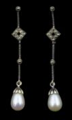 Pair of silver freshwater pearl and marcasite pendant earrings