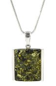 Silver green Baltic amber rectangular pendant necklace