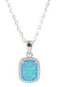 Silver rectangular opal and cubic zirconia pendant necklace