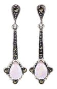 Pair of silver opal and marcasite pendant earrings