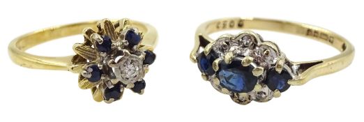 18ct gold sapphire and diamond cluster ring and a 9ct gold sapphire and diamond dress ring