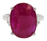 18ct white gold oval ruby and baguette cut diamond ring