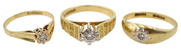 Three 9ct gold single stone diamond chip rings