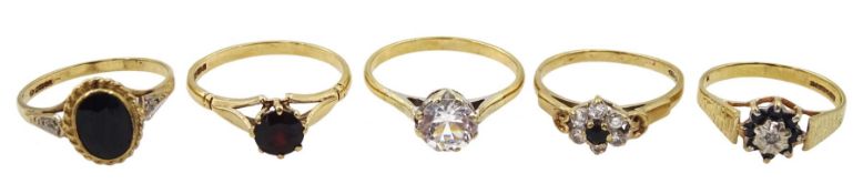 Five 9ct gold stone set rings including cubic zirconia