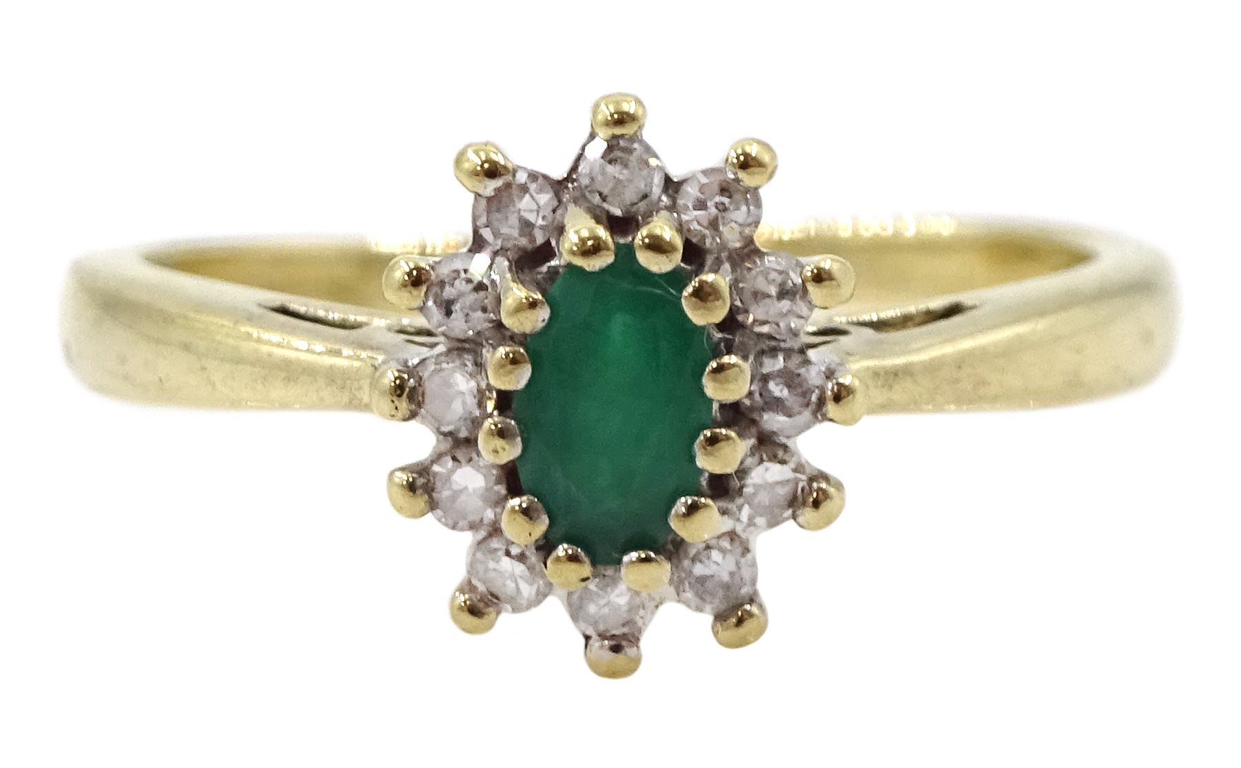 9ct gold oval emerald and round brilliant cut diamond cluster ring