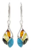 Pair of silver tri-colour Baltic amber and turquoise pendant earrings