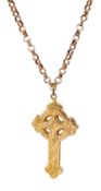 15ct gold engraved Celtic cross pendant on 9ct rose gold belcher link chain necklace