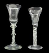 18th century English cordial glass with ogee bowl on cotton twist stem and another with waisted buck