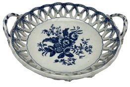 18th century Worcester blue and white circular two handled bowl with pierced border