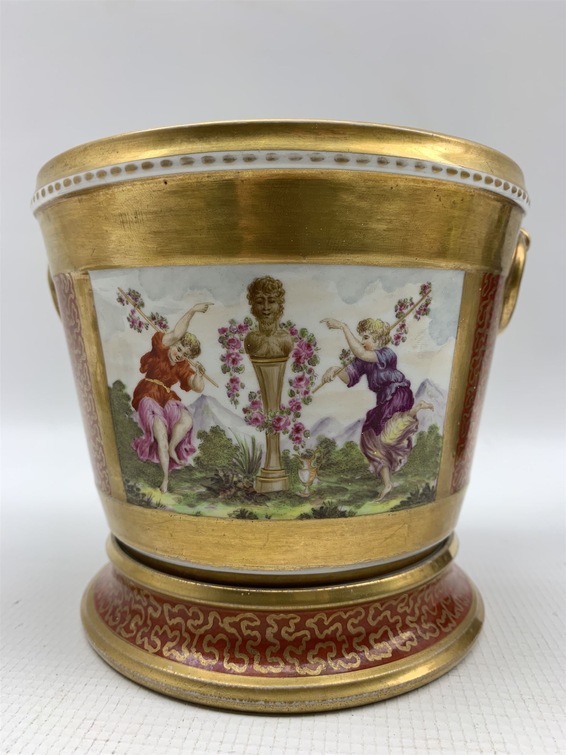 Early 19th century cachepot decorated with gilt ring handles on red ground with gilt seaweed and two - Image 2 of 7