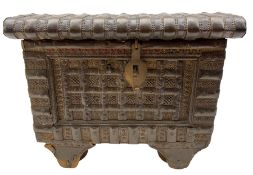 19th century Eastern dowry chest with copper banding and studs over punched decoration with twin han