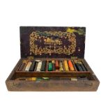 Windsor and Newton mahogany hinged watercolour box with internal tray and gilt leather insert 'Winds