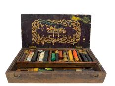 Windsor and Newton mahogany hinged watercolour box with internal tray and gilt leather insert 'Winds