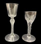 18th century English cordial glass with bucket shape bowl on baluster knop air twist stem and anothe