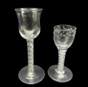 18th century English cordial glass with floral etched round funnel bowl with cotton twist stem and a