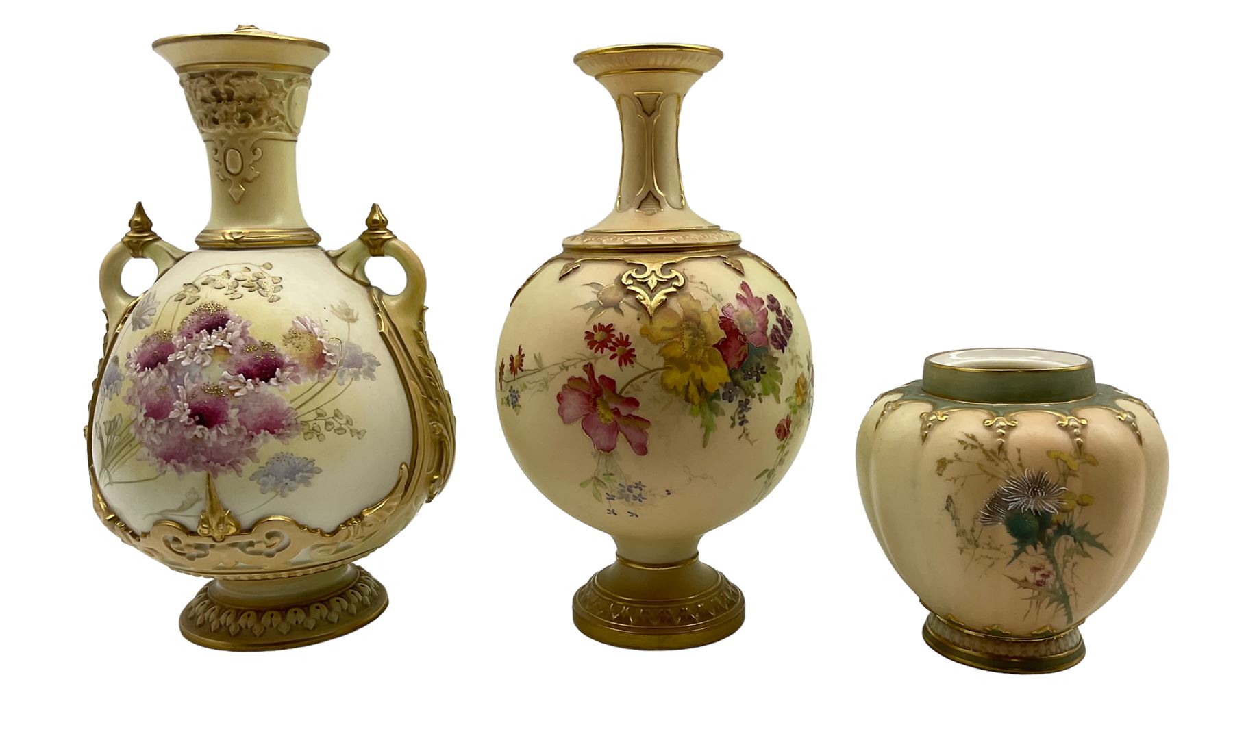 Three Royal Worcester blush ivory vases comprising a late 19th century twin-handled vase and cover