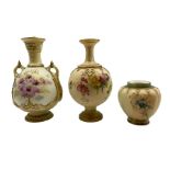 Three Royal Worcester blush ivory vases comprising a late 19th century twin-handled vase and cover