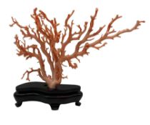 20th century pink branch coral specimen for display on wooden base H24cm W32cm Please note: if so