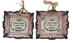 A19th century Sunderland pink lustre wall plaque inscribed 'Prepare To Meet Thy God' by Moore and Co