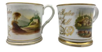 Mid 19th century gilt decorated christening mug with landscape panels inscribed 'Harriet Ryder Ferr