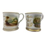 Mid 19th century gilt decorated christening mug with landscape panels inscribed 'Harriet Ryder Ferr