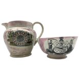 19th century Sunderland pink lustre bowl with 'The Farmer' verse and 'God Speed the Plough' D18cm an