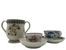 18th century and later porcelain comprising two handled creamware loving cup with floral decoration