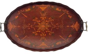 Late Victorian mahogany and marquetry inlaid oval galleried tray with scrolls