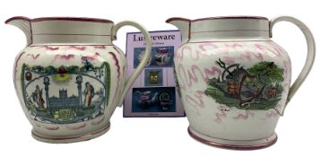 19th century Sunderland large pink lustre jug with the Iron Bridge and Masonic emblems H23cm and ano
