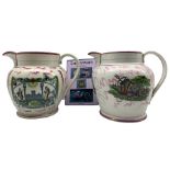 19th century Sunderland large pink lustre jug with the Iron Bridge and Masonic emblems H23cm and ano