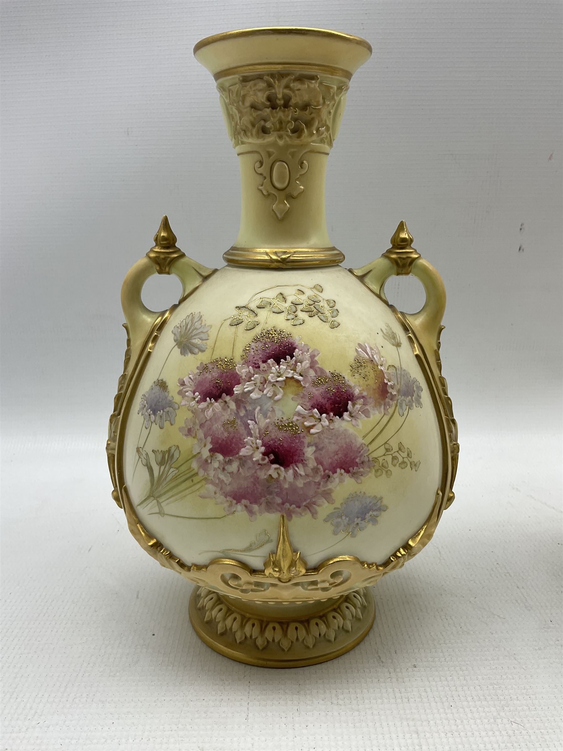Three Royal Worcester blush ivory vases comprising a late 19th century twin-handled vase and cover - Image 2 of 7