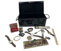 Black metal deed box and contents of costume jewellery